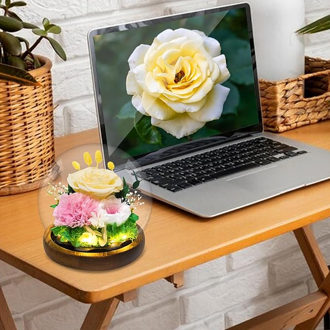 Yellow Rose Gifts for Womens Mothers Day Gifts for Mom Wife Girlfriend Mom - Preserved Real Rose in Glass Dome with LED Strip, Forever Flowers for Delivery on Birthday Anniversary