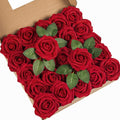 DuHouse 25Pcs Artificial Roses Flowers Fake Roses with Stems Real Touch Foam Flowers for DIY Wedding Bouquet Baby Shower Centerpiece Floral Arrangement Party Home Decor(Dark Red)