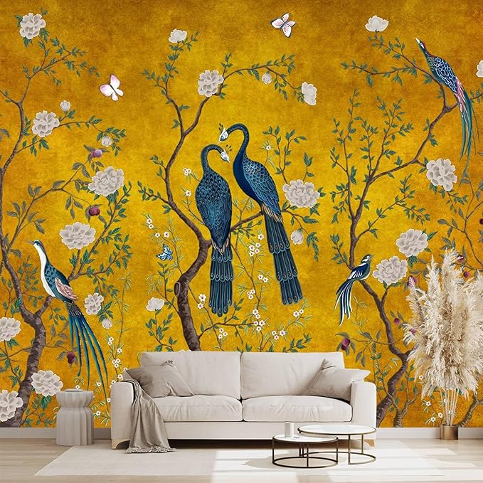WXHFM - Golden Chinese Style Flowers Birds Large wall murals Peel and Stick Wallpaper for Bedroom Living Room - 58"x86"
