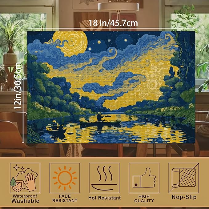 Van Gogh Style Watercolor Painting Placemats, 12 x 18 inch, Linen Placemat Kitchen Dining Room Decor Holiday Decor Rustic Vintage Waterproof Washable Placemat Set of 6