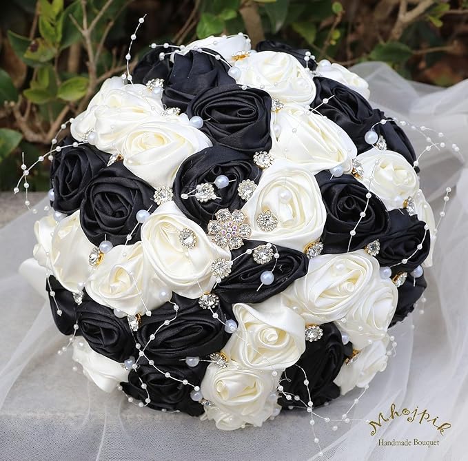 Bridal Wedding Bouquet Round Bling Brooch Bouquet Throw Toss Artificial Rose Flower Bunch for Bride Bridesmaid Wedding Quinceanera(Black & Ivory, 7.5")