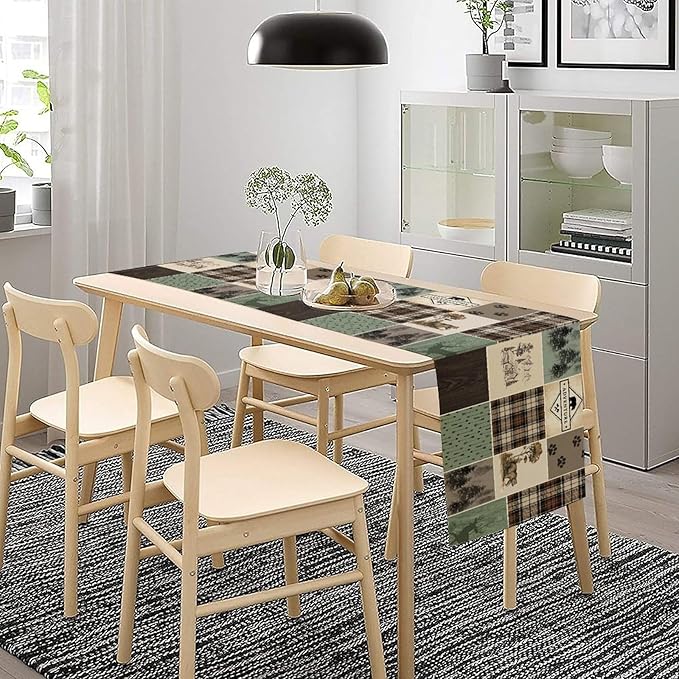 Bear Deer Table Runner,Rustic Lodge Retro Country Farmhouse Buffalo Plaid Print Tablecloth Burlap for Hotel Indoors Outdoor Dining Room Kitchen Home Decor,W13X L60 in