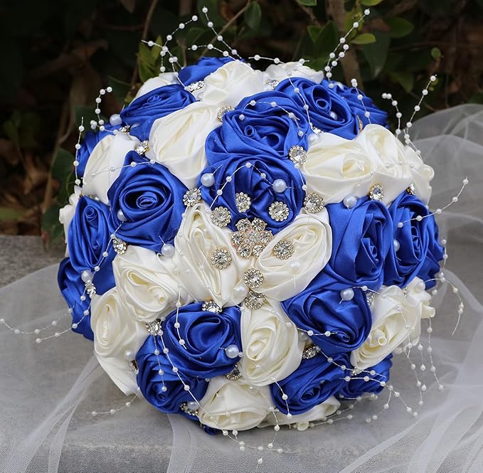 Bridal Wedding Bouquet Round Bling Brooch Bouquet Throw Toss Artificial Rose Flower Bunch for Bride Bridesmaid Wedding Quinceanera(Royal Blue & Ivory, 9.8")