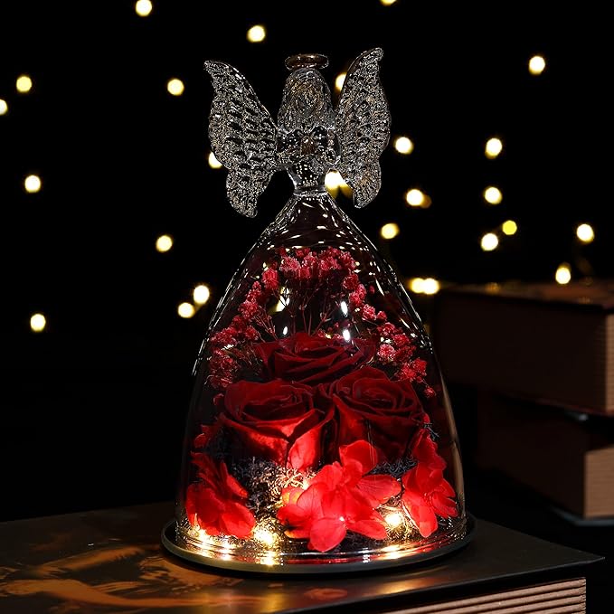 Mothers Day Rose Gifts Glass Angel Figurine with Three Roses Gifts, Preserved Forever Real Rose Gifts for Women, Angel Guardian with Rose for Mothers Day - Wine Red