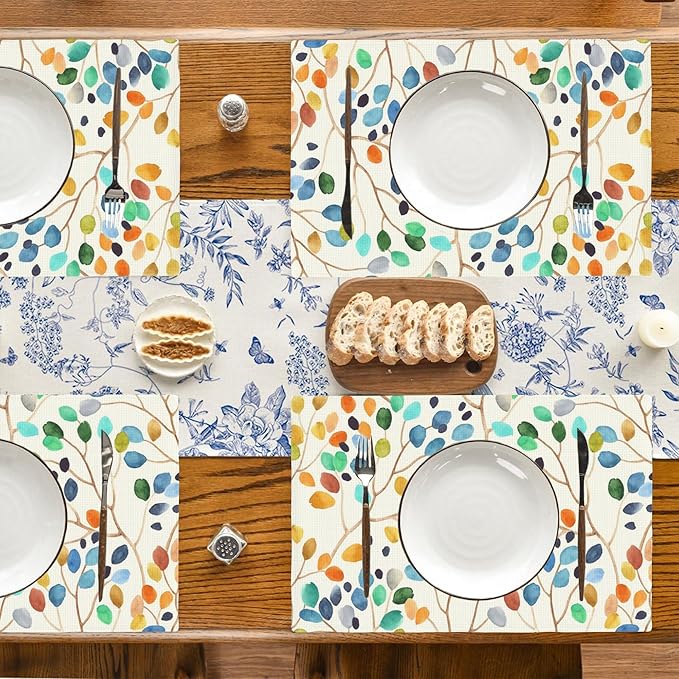 Watercolor Leaves Spots Placemats Set of 4, Placemats Dining Table Mat Set,12x18 Washable Stain Resistant Wipeable Cloth Placemat for Kitchen Buffet Parties