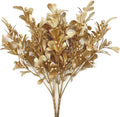 PASYOU Artificial Plants for Christmas Decor, Golden Flowers Plastic Grass Fake Shrubs Leaves Indoor Outdoor Home Garden Party Hotel Verandah Wedding Event Bouquet Faux DIY Decoration - Gold 2 Pack