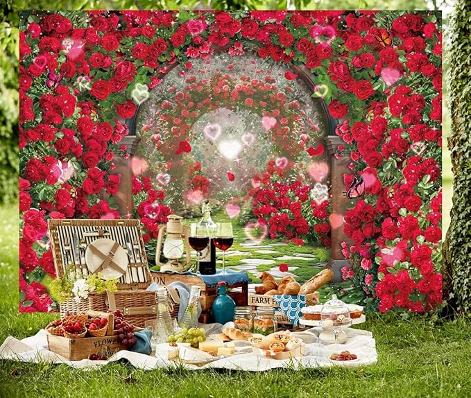 Valentines Day Flowers Garden Backdrops Red Rose Spring Floral Scene Photography Backdrop Girls Birthday Bridal Shower Wedding Party Decorations Banner Photo Booth Props (10x8FT(120x96 inch))