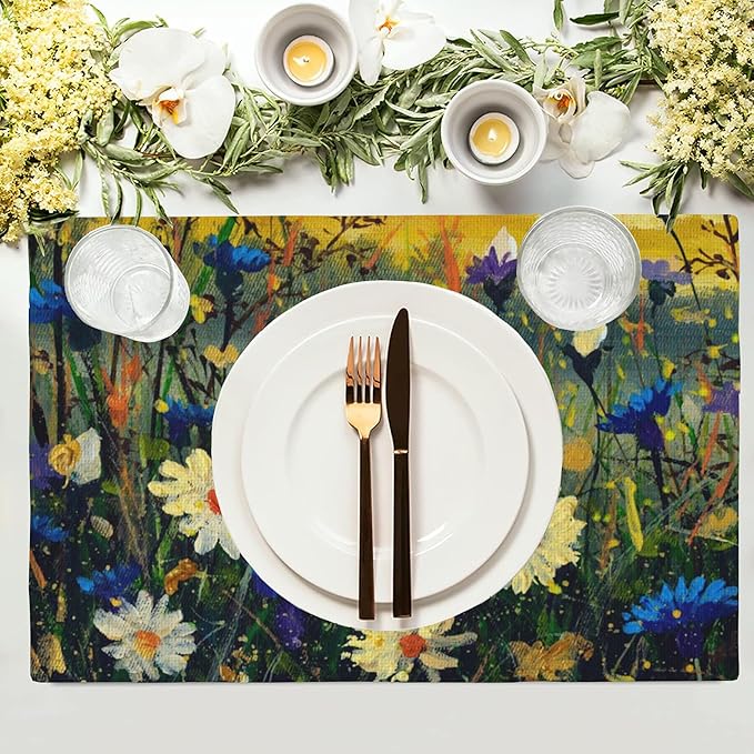 Watercolor Daisies Placemats Set of 4,Blue Cornflowers 12x18 Inch Non-Slip Washable Heat Resistant Linen Fabric Table Mats,Place Mats for Holiday Party