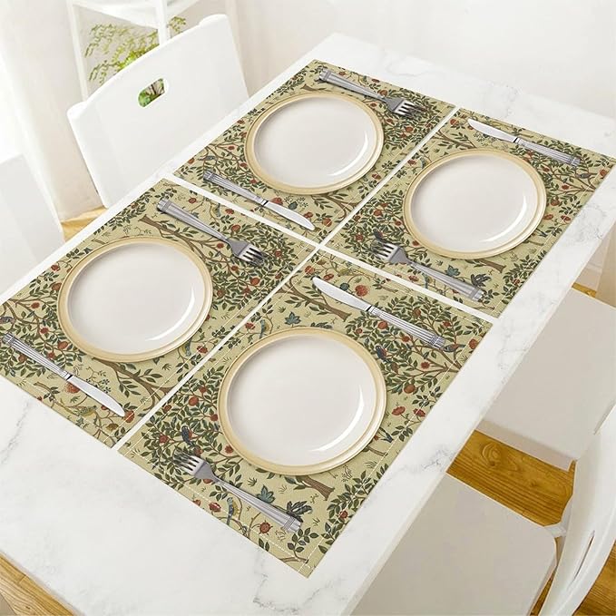 Vintage Trees Placemats Set of 6, William Morris Retro Boho Botanical Plant Birds Place Mats, Heat Resistant Non Slip Cotton Linen Dining Table Mats for Home Kitchen Party 18x12 Inch
