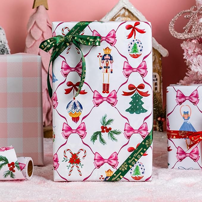 MAYPLUSS Christmas Wrapping Paper Roll - 17IN X 33FT - White Nutcracker Wrap Paper Featuring Christmas Tree Bell Bow Holly Candy Cane Reversible Plaid for Girl, Holiday, New Year
