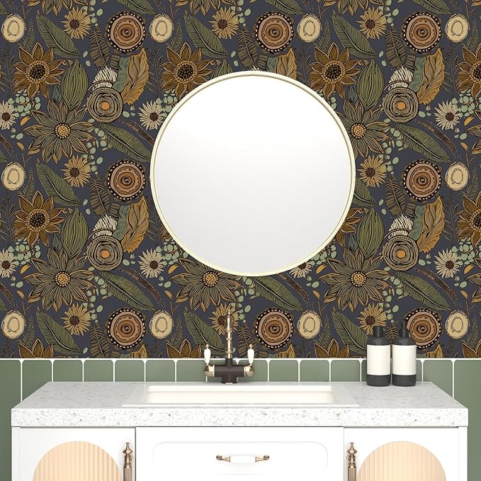 Boho Wallpaper Peel and Stick, Vintage Blue Yellow Floral Contact Paper, Botanical Flowers Antique Retro Wall Paper 17.5" x 118" Self Adhesive Removable Waterproof for Walls Shelves Cabinet Table