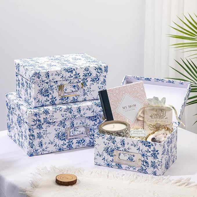 Briful Blue and white Porcelain Storage Boxes, Photos Storage Boxes with Lids 4 in 1 Set Water-proof Gift Boxes Sets Decorative Multiple Size Storage Bins for Clothes/Office/Christmas Decorations