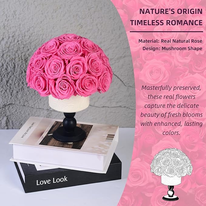 Luxury Preserved Flowers Blooms with Ceramic Base, Mushroom Shape Forever Eternal Natural Rose Gift Box for Home Table Decoration, Girlfriend Wife family Valentines Mothers Day Birthday (Pink)