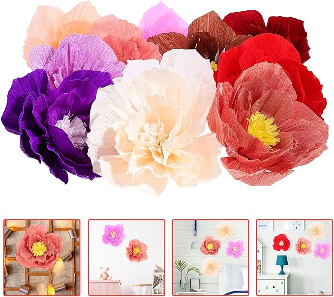 Garneck 11Pcs Multi-Color Paper Flower Decorations Crepe Handmade DIY Artificial Flowers for Party Home Wall Showcase Background Festive Decors
