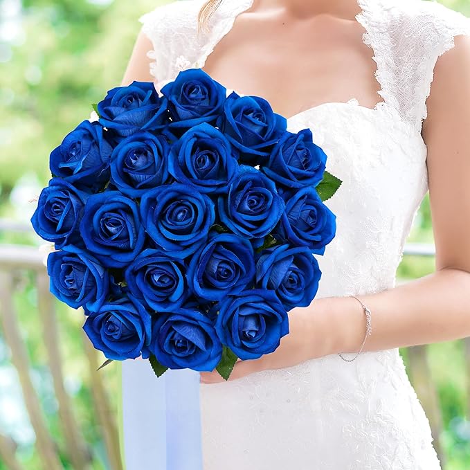 Hawesome Fake Roses Artificial Silk Flowers - 12 Pcs Blue Roses Artificial Faux Flowers with Stems for Home Wedding Centerpiece Hotel Office Decor