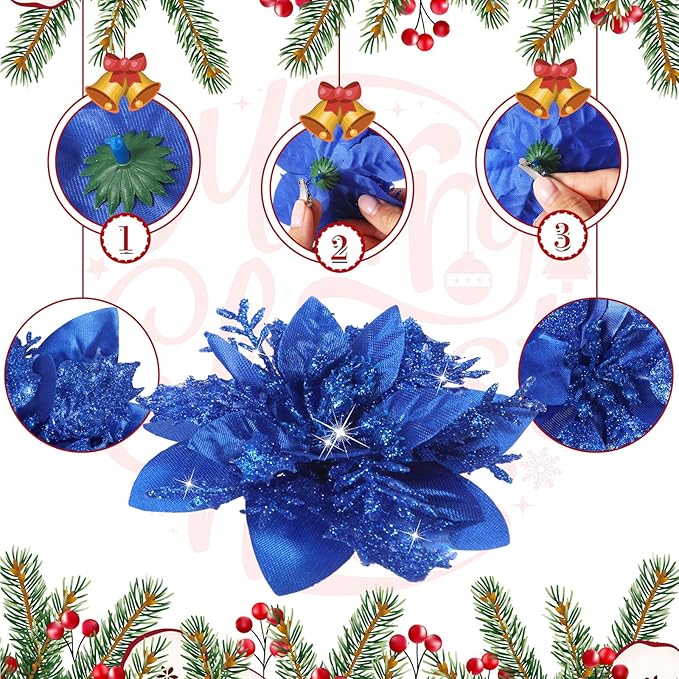 Geosar 24 Christmas Glitter Artificial Poinsettia Flowers Xmas Poinsettia Artificial Wedding Flowers Decorations Xmas Tree Ornaments with Clips for Party Favors, 6 Inch, 4 Inch, 3 Inch (Royal Blue)