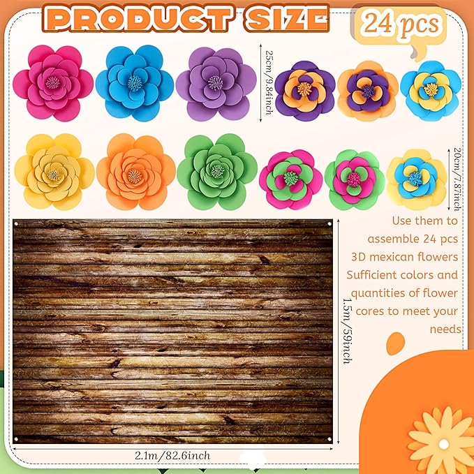 Frienda 36 Pcs DIY Paper Flower Decor Set with 83x59 Inch Custom Background Cloth and Rope, Artificial 3D Flower Wall Decor for Wall Bulletin Board Wedding Halloween Mexican Festive Party(Wooden)