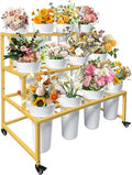 PROLEE Flower Stand with 12 Buckets, Flower Display Stand with Wheels, Flower Cart, Moving Florist Bouquet Shelf, Rectangular, Gold