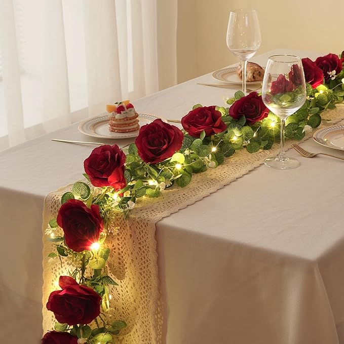 Dolicer 2Pcs 13Ft Artificial Eucalyptus Garlands with Flowers - 8 Roses, Faux Floral Greenery Garlands with 13Ft String Lights Fake Flowers Vines for Wedding Table Centerpieces Arch Party Decor (Red)