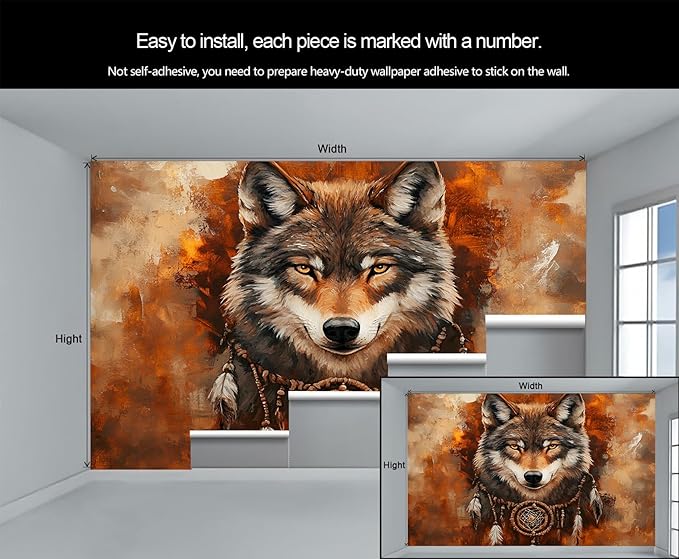 Wolf Dreamcatcher Wall Mural, Tribal Wolf 3D Wall Murals, Feathers Dreamcatcher Animal Totem Wallpaper Mural, for Living Room Bedroom Large Wallpaper Indoor Decor 59" W x39.4 H