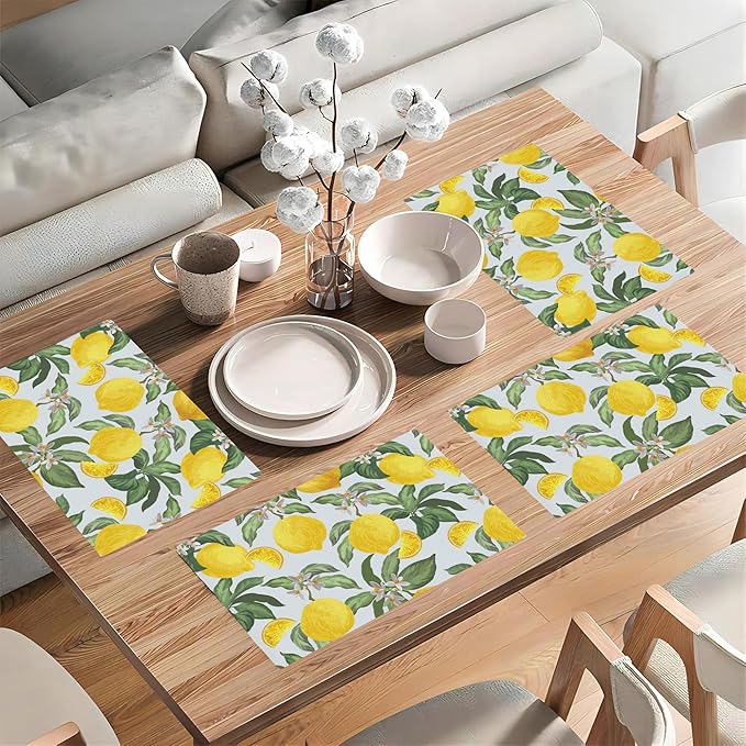 Tropical Lemon Placemats Set of 4, Placemats Dining Table Mat Set,12x18 Washable Stain Resistant Wipeable Cloth Placemat for Kitchen Buffet Parties
