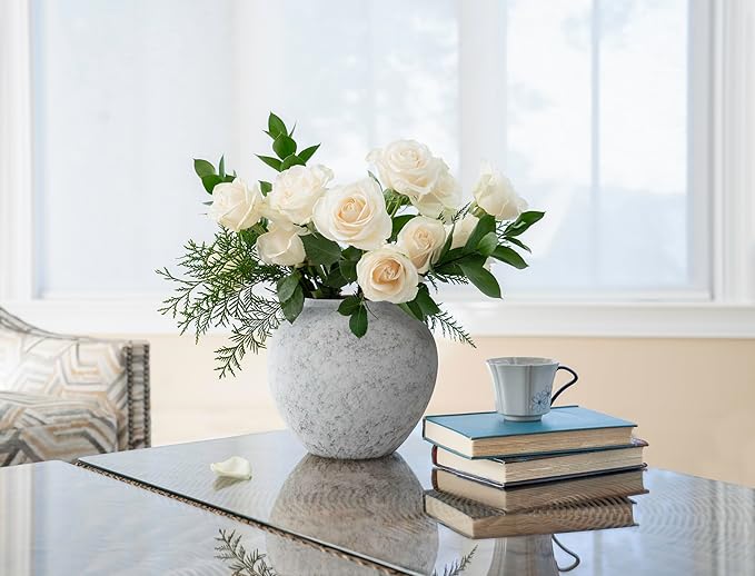 Hand Glazed Rustic White Ceramic Vase Flower Vase, Big Textured Round Vase for Centerpieces, Kitchen, Living Room, Bedroom Decor Gifts