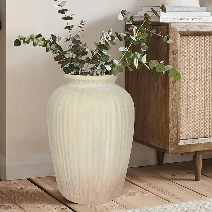 Oakrain 15" Tall Rustic Vase, Decorative Flower Vase for Table with Gradient Design, Large Floor Planter for Indoor Plants, Home Decor, Living Room, Entryway, Beige