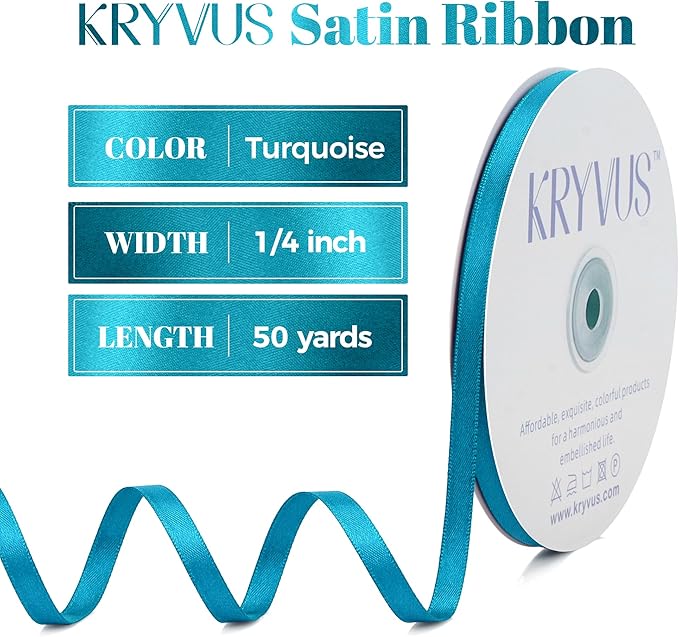 Turquoise Blue Satin Ribbon, Double Faced 1/4 Inch X 50 Yards Turquoise Ribbon, Premium Satin Ribbon for Gift Wrapping, Crafts, Hair Bow Making, Sewing, Flower Bouquet, Wedding Party Decor