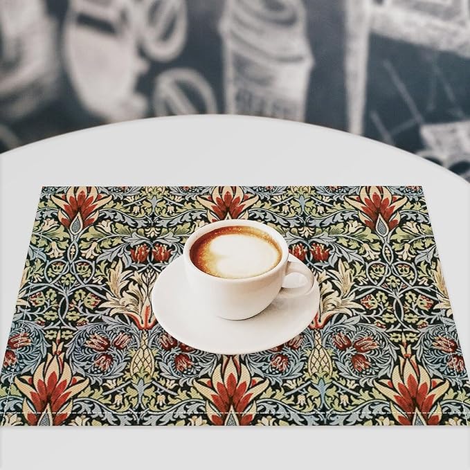 Vintage Flower Placemats Set of 4, William Morris Retro Boho Botanical Plant Place Mats, Heat Resistant Non Slip Cotton Linen Dining Table Mats for Home Kitchen Party 18x12 Inch
