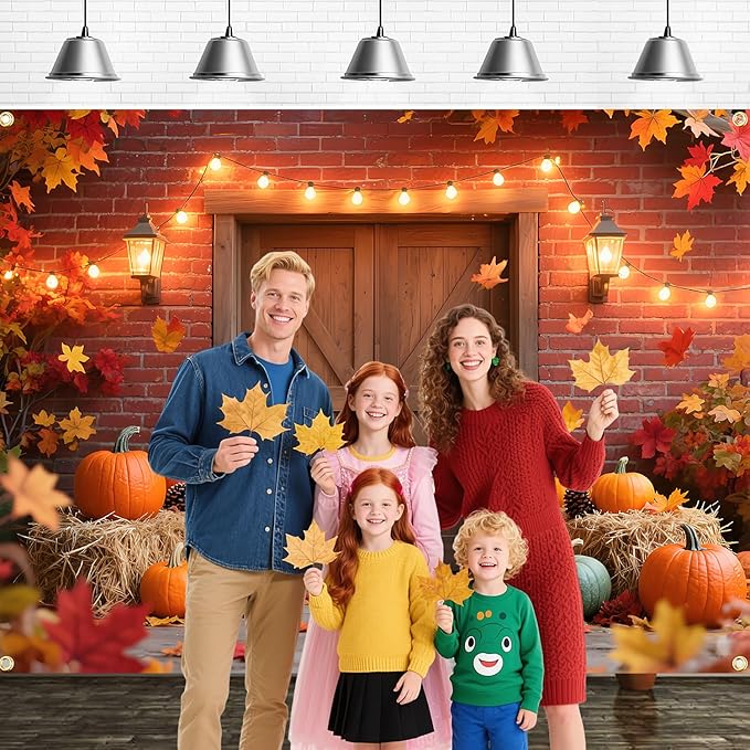 10x6.5FT Extra Large Fall Autumn Backdrop - Fall Photography Background with Pumpkins, Maple Leaves & Barn Wood (19.68FT Ribbon) - Thanksgiving, Friendsgiving, Harvest Party Decor, Photo Booth Props