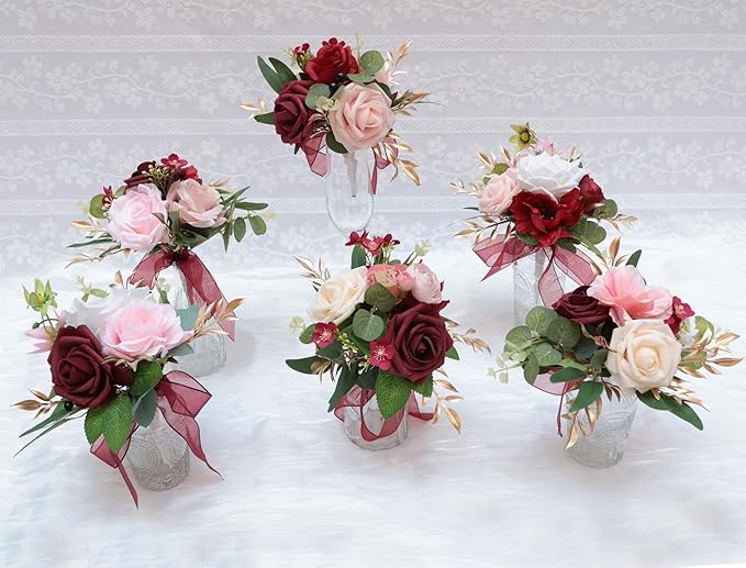 Marriwise Set of 6 Burgundy Red Assorted Wedding Flower Centerpieces Pre-Made Mini Bridesmaid Bouquets Artificial Floral Rose Table Decor for Wedding Decorations Shower Home Decor (Burgundy Red)