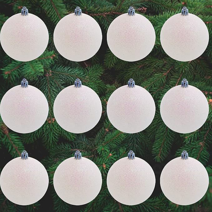 4E's Novelty White Snowball Christmas Ornaments Set of 12 - Large 3.15" Iridescent Shatterproof Glitter Balls for Christmas Tree, Winter Wonderland Decorations