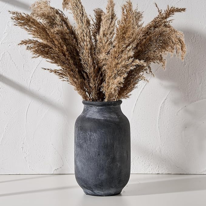 SIDUCAL Rustic Farmhouse Flower Vase | 9.5 Inch Large Ceramic Vase | Pampas Grass | Modern Farmhouse Decor for Home Decor, Table, Living Room Decoration, Shelf Decor, Mantel, Black