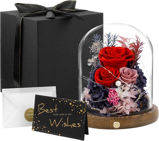 Large Preserved Flowers with Card&Box-Flowers for Delivery Prime,Eternal Rose with Lights,Roses in Glass Dome,Romantic Gift for Her,Decoration, Fresh Rose Flowers for Mom, Birthday, Anniversary (Red)