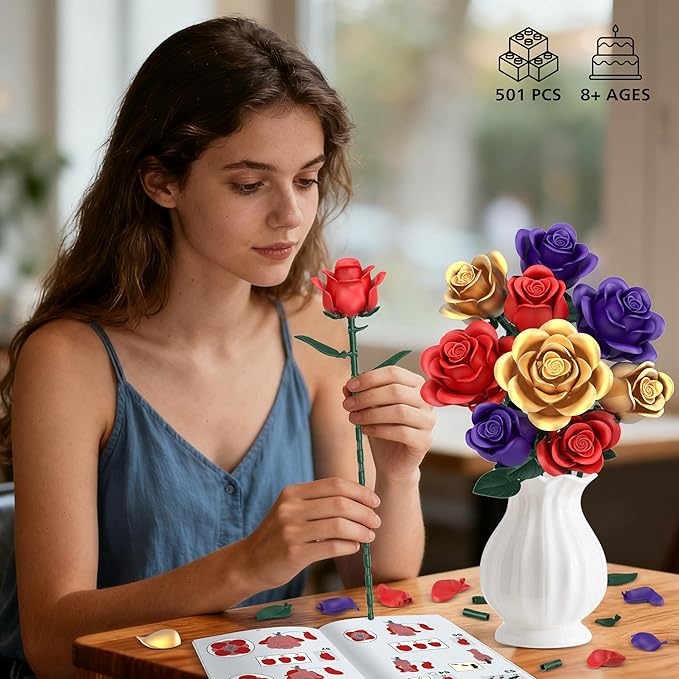Rose Bouquet Flowers Building Set, 501Pcs Red Purple Golden Roses Artificial Flowers Botanical Collection Compatible with Lego Flowers Home Office Table Decor Valentines Day Xmax Gifts for Mom Women