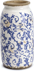 VICTOR & TERESA Rustic Blue and White Vase for Home Decor, Ceramic Vases for Flowers, Modern Farmhouse Decorative Vases for Pampas Grass,Table, Mantel, Living Room,Bookshelf, Centerpieces, 8''
