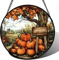 Stained Glass Window Hanging Fall Farm Scenery Maple Trees Pumpkin 6.3" - Suncatcher Door Garden Kitchen Sun Catcher Autumn Decor Birthday for Mom Nana Men Woman Friend