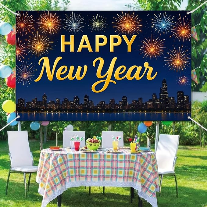 Happy New Year Banner 71x43 Inch Fireworks Skyline Party Wall Decoration New Year Photo Backdrop for Indoor Celebration Countdown Event Holiday Party Background Display