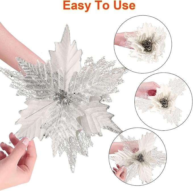 10'' Large Christmas Glitter Poinsettia Flowers Decorations, stadeco 10 Pcs Christmas Tree Picks Ornaments Artificial Flowers with Long Stems for Xmas Tree Wreath Garland Wedding Party DIY Decor