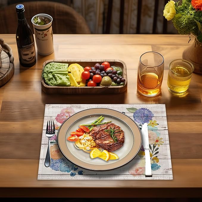 Wooden Flower Love Placemats Set of 4, Linen Place Mats Heat Resistant Non-Slip Washable Table Mats for Dining Kitchen Party Decor 12"x18"