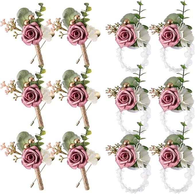 12 Pcs Wedding Wrist Corsage and Boutonniere Set Rose Wrist Corsage for Prom Boutonniere for Men Wedding Flowers Accessories Prom Suit Decorations for Wedding Ceremony Anniversary (Dusty Rose)