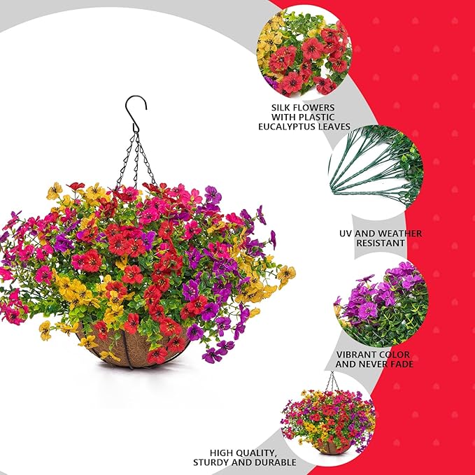 Artificial Mums for Outdoors Planters Fake Mum Realistic Flowers with Basket Faux Plants for Decoration Hanging Planters Indoor Outside Garden Porch Window Box Home Wedding Farmhouse