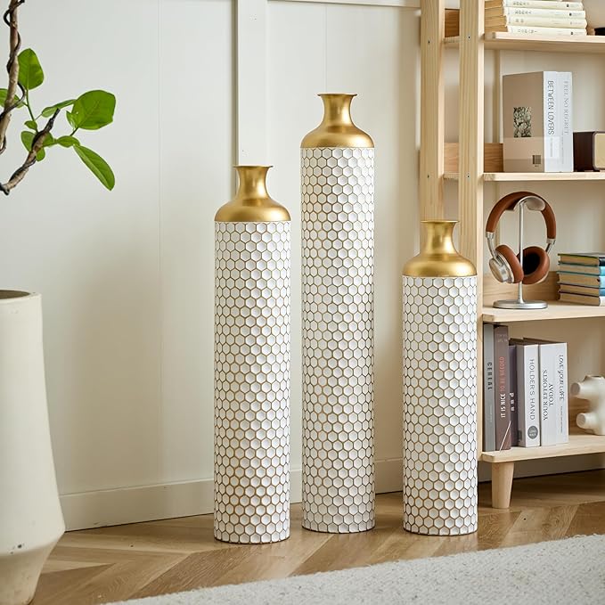 Floor Vases, Tall Home Decor Metal Vase Set of 3 Large Glazed Decorative Vases for Wedding Decor, Elegant Modern Flower Holder for Living Room, Entryway, Hallway, Dining Room