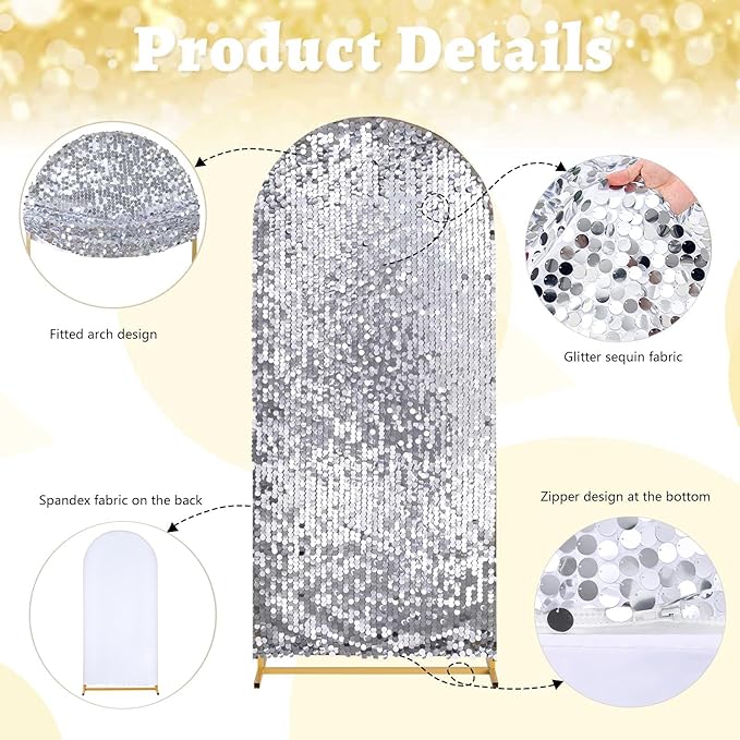 6FT Sequin Arch Backdrop Cover: Silver Big Payette Arch Covers Shimmer Fabirc Backdrop Covers for Party Christmas Deocr