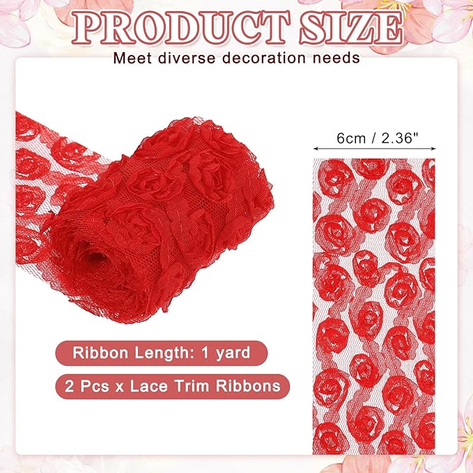 uxcell 2PCS Lace Trim Ribbon, 2.36 inch - 1 Yard 3D Rose Floral Embroidery Ribbons Edge Trimming for Sewing, Wedding Dress, DIY Crafts, Decoration Accessories, Light Red