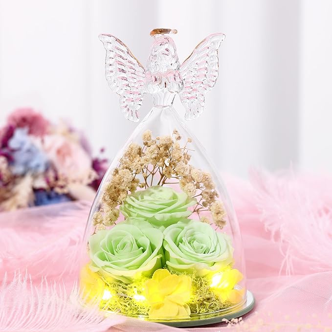 Mothers Day Mom Gifts for Women Preserved Flowers in Glass Angel Forever Flowers Gifts Eternal Roses Gifts for Grandma, Green