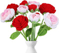 YoungJoy 12 Pcs Crochet Rose Handmade Knitted Flowers Tulip Sunflower Daisy Heart Artificial Knitted Floral Mother Day Graduation Home Decor(Mixed Red Pink Rose)