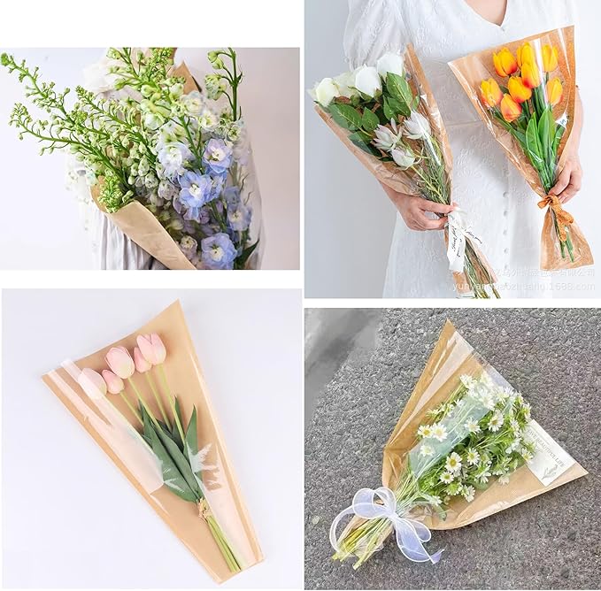 llqjjhh 50Pcs Flower Bags for Bouquets,Kraft Wrapping Bags,Floral Sleeves Wrapping Paper,9.8x18 Inch with Ribbons，for Home,Mother’s Day,Wedding,Birthday,Graduation,Flower Bar Supplies（Brown）