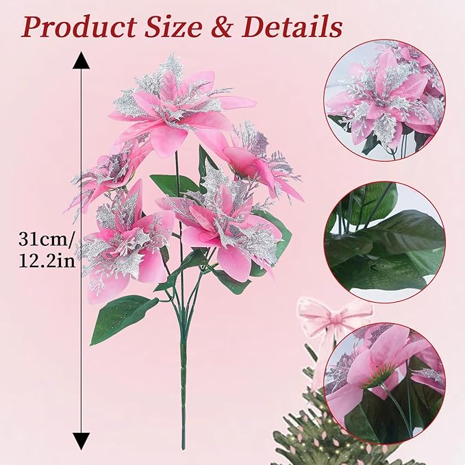 4 Pcs Artificial Poinsettia Flowers Christmas Flowers Ornaments Glitter Faux Flowers 5 Stem Poinsettia Floral with Stem Leaf for Home Party Christmas DIY Craft Holiday Decor（Pink）