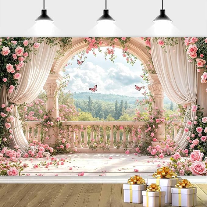 12X10ft Pink Floral Photography Backdrop, Retro Flowers Photography Backdrop Dreamlike Wedding Portrait Photo Background Wedding Birthday Party Background Banner Decor, Pink-1
